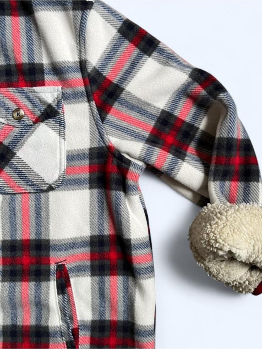 Sage Collective Fleece Plaid Shacket Womens XL White Red Blue Sherpa Lined - Picture 4 of 5